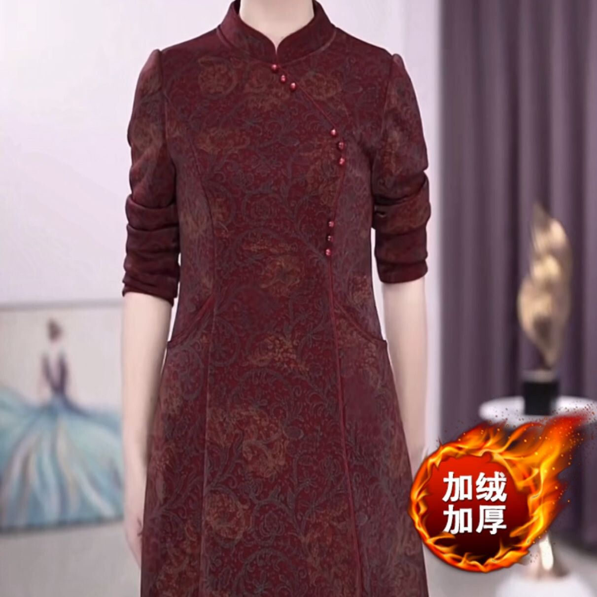 加絨加厚珠光四面彈改良版旗袍連衣裙2023新款冬季女高檔婚宴裙子