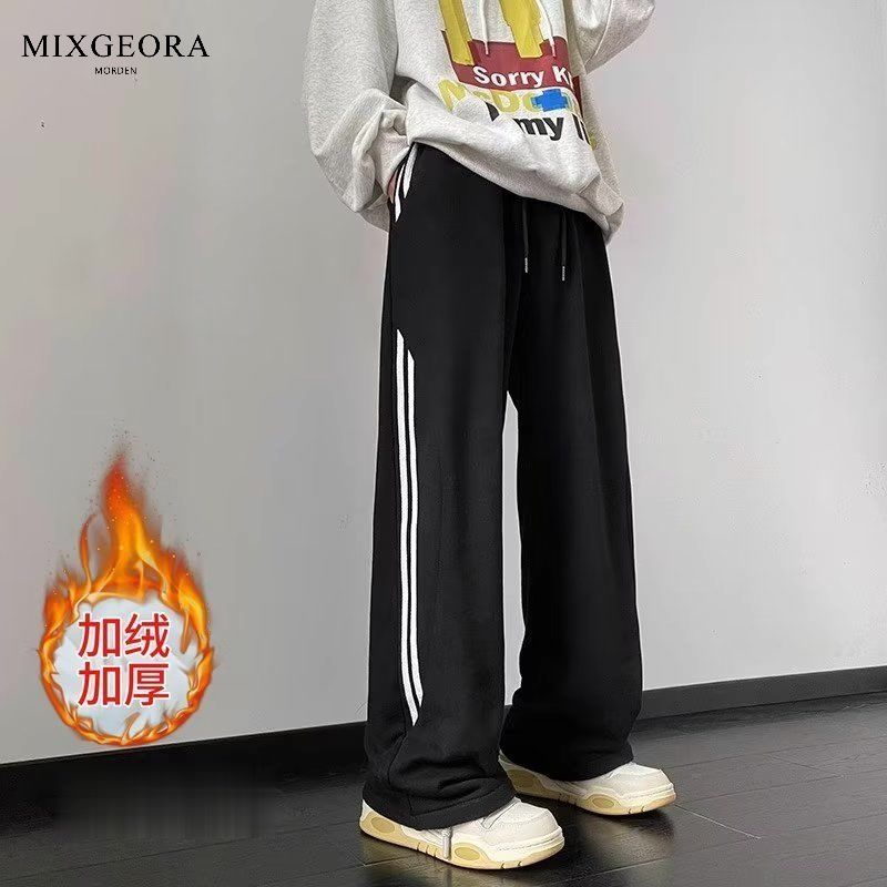 MIX GEORA American gray striped pants men's autumn and winter straight thickened trendy handsome sweatpants casual sports pants