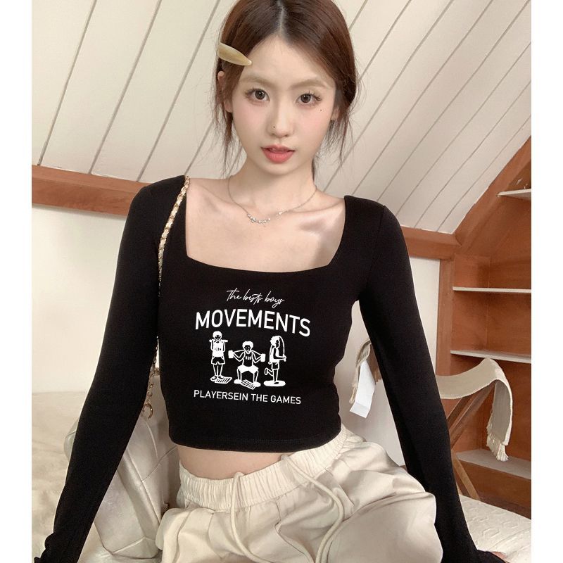 法式方領長袖氣質t恤女秋冬打底衫修身顯瘦百搭短款黑色內搭上衣