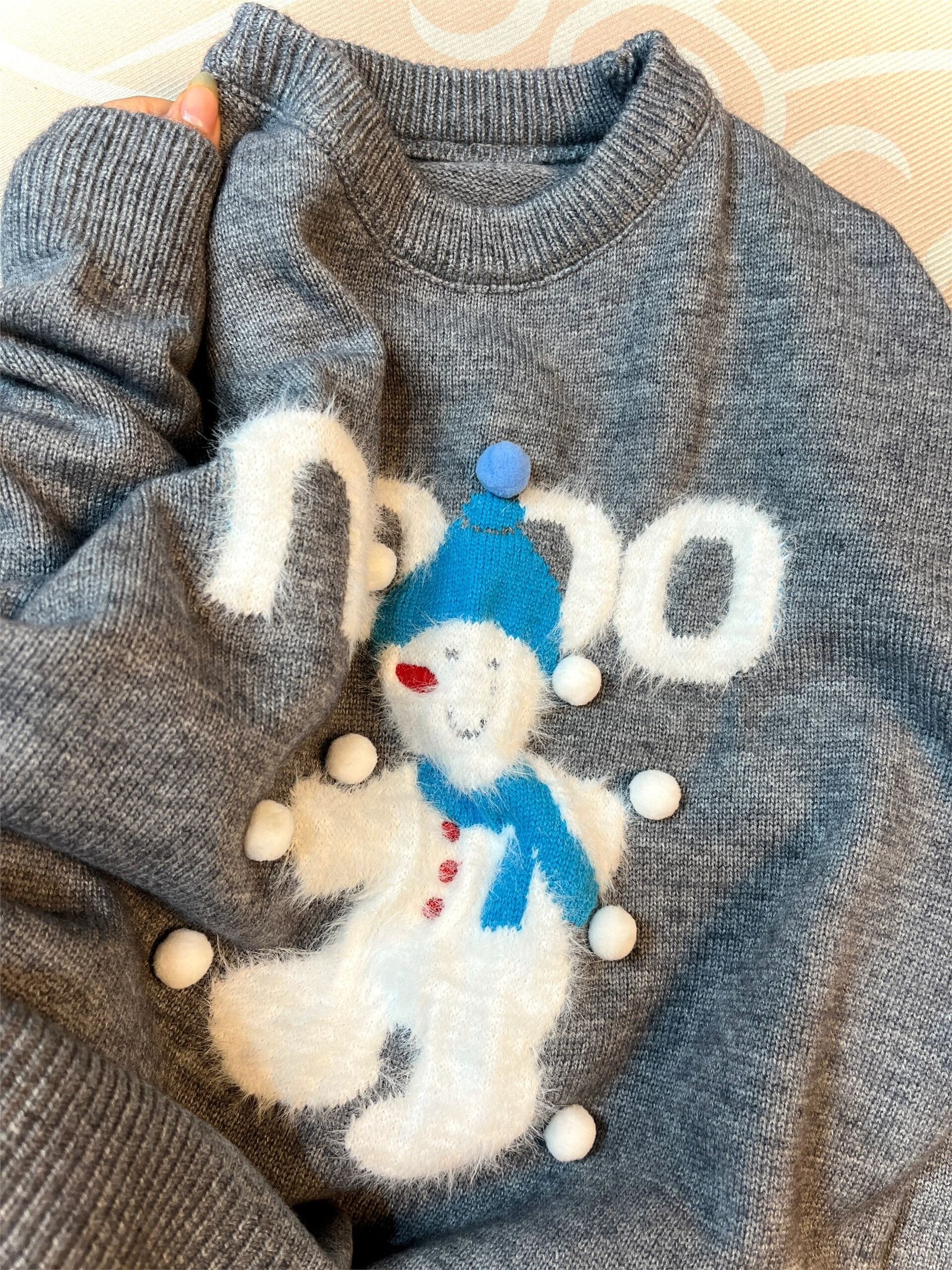 圣诞氛围感穿搭卡通雪人毛衣女宽松加厚设计感秋冬季软糯针织上衣