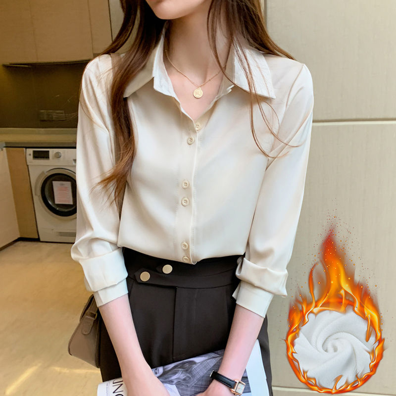 2023秋冬加絨加厚襯衫女設計感小眾復古港味上衣醋酸緞面襯衣上衣