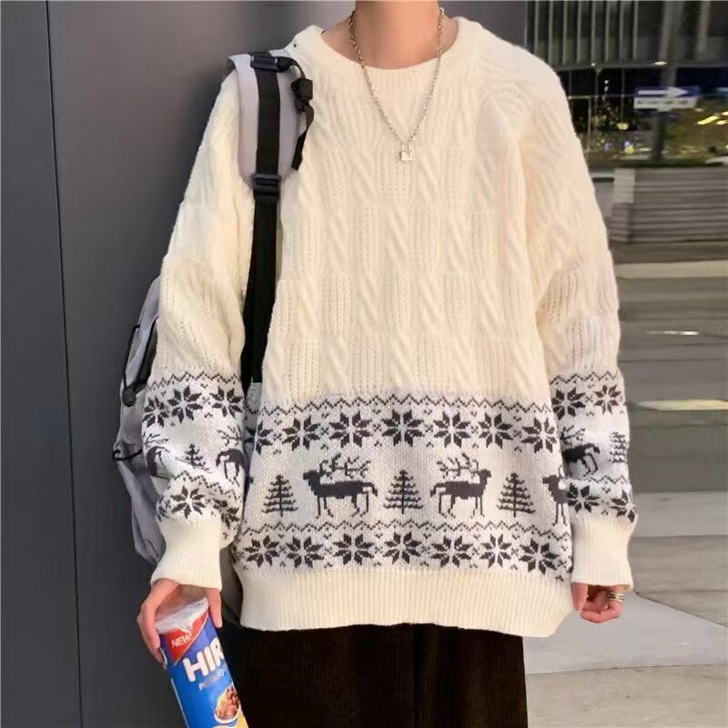 Elk Christmas sweater for men and women round neck trendy brand versatile soft waxy autumn and winter warm lazy loose ins sweater