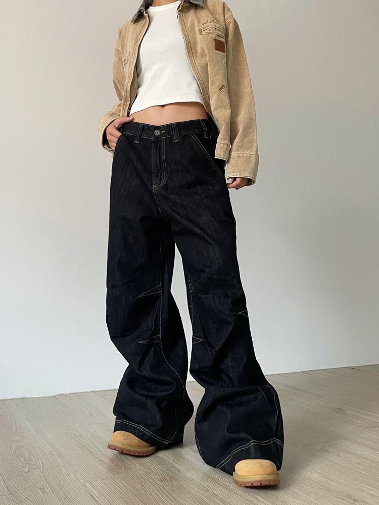 川川也美式復古水洗設計感墜感牛仔褲男女高街闊腿寬鬆休閒褲子潮