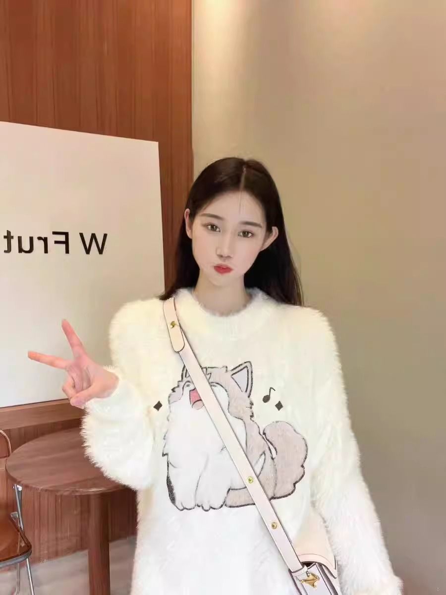 奶fufu軟糯馬海毛小貓毛衣女秋冬情侶寬鬆日系慵懶風chic針織外套