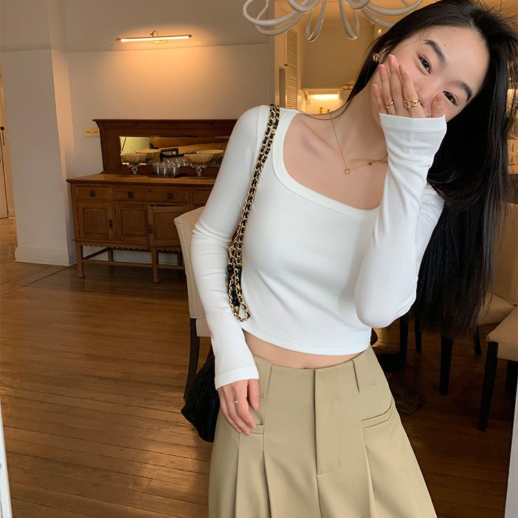 Square collar long sleeve 2023 women's short t-shirt slim fit versatile inner black bottoming shirt trendy top