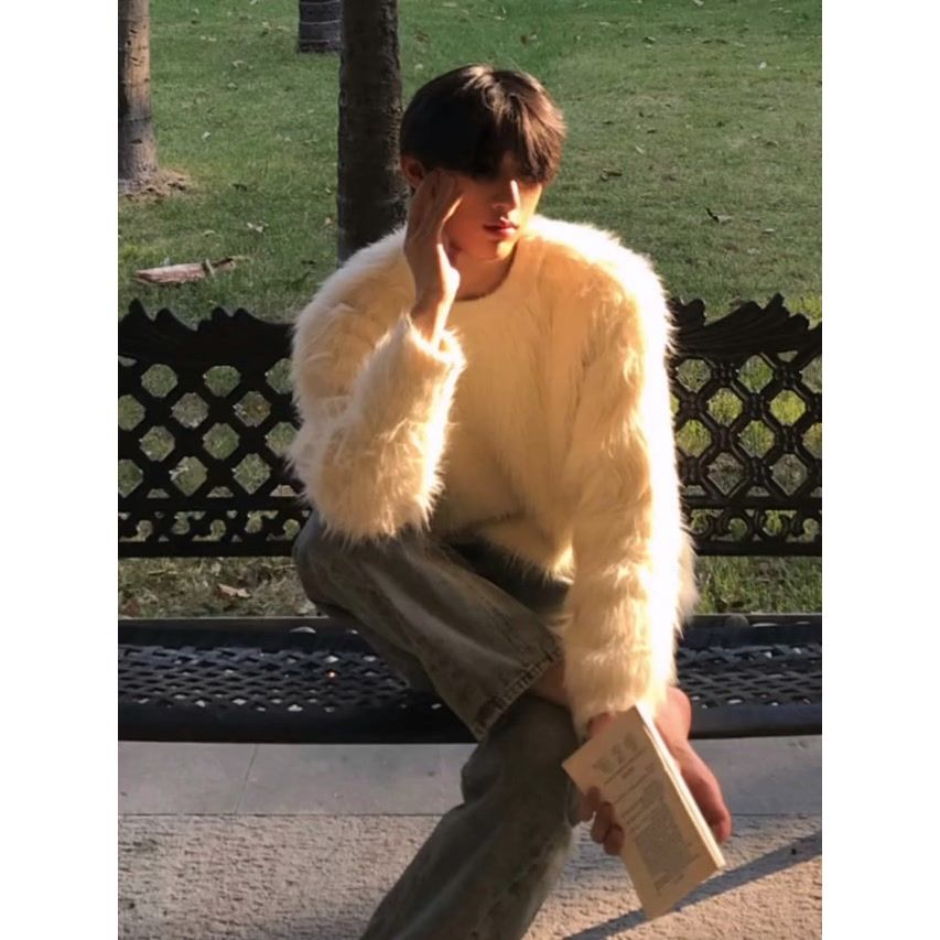 美式vintage杏色圓領套頭毛衣男2023冬慵懶風針織衫長毛內搭外套