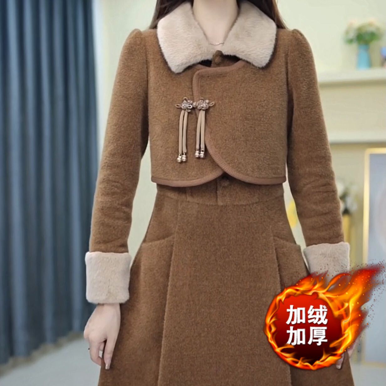 加絨加厚北極絨假兩件套連衣裙冬季2023高檔新款女裝國風毛領裙子