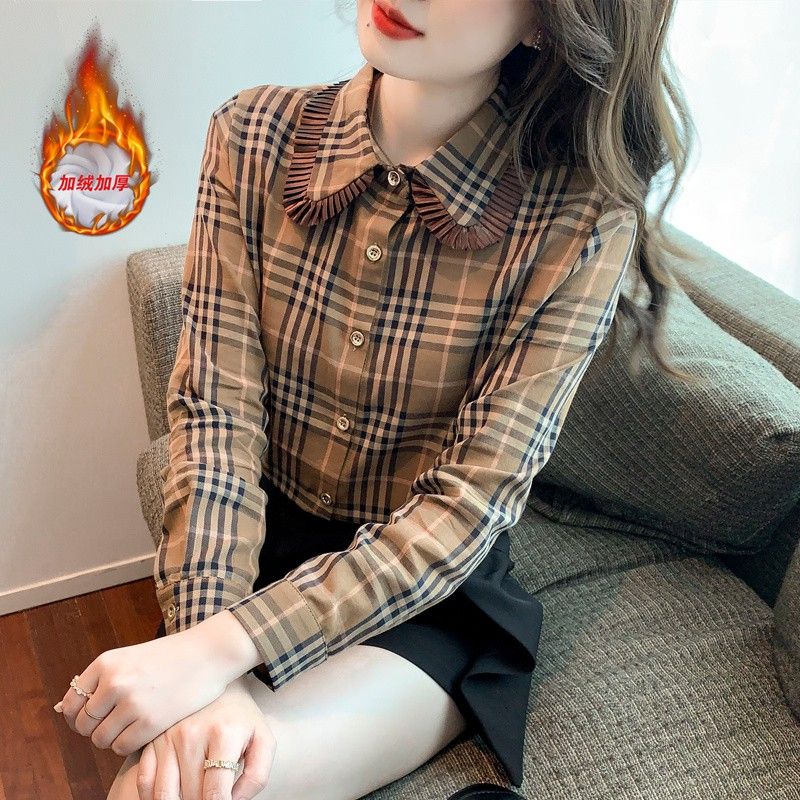 時尚氣質棉質襯衫女長袖上衣2023秋新款復古港風格子翻領襯衣女潮