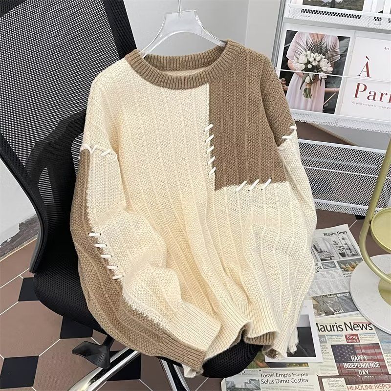 Stitched contrasting color sweater for boys in autumn and winter trendy brand loose casual lazy style pullover sweater