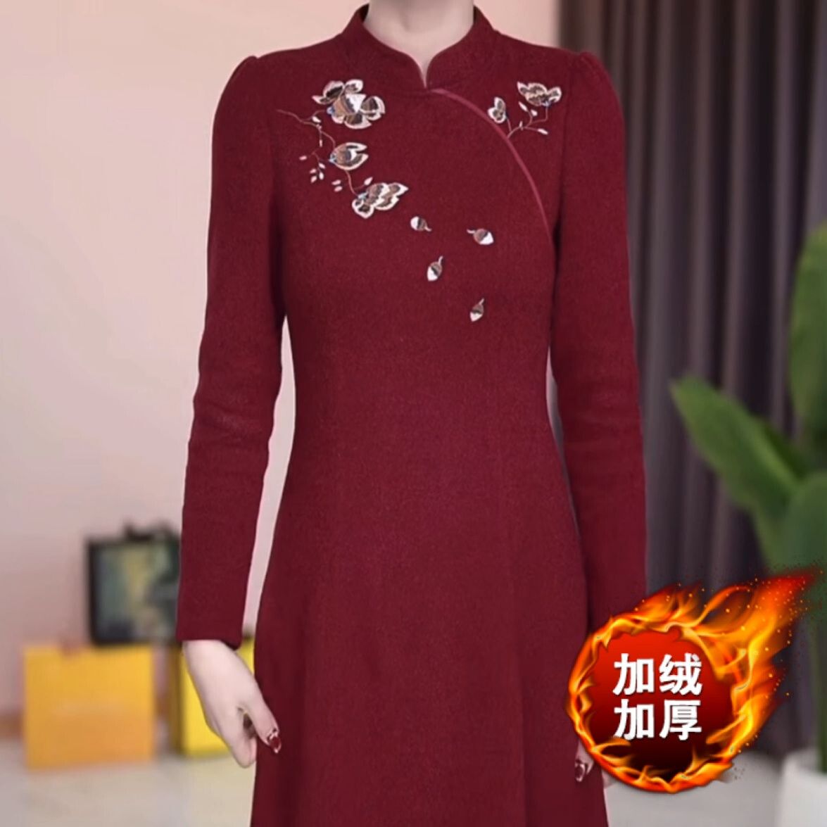 高檔婚宴加絨加厚貴妃絨改良版旗袍連衣裙2023新款冬季女氣質裙子