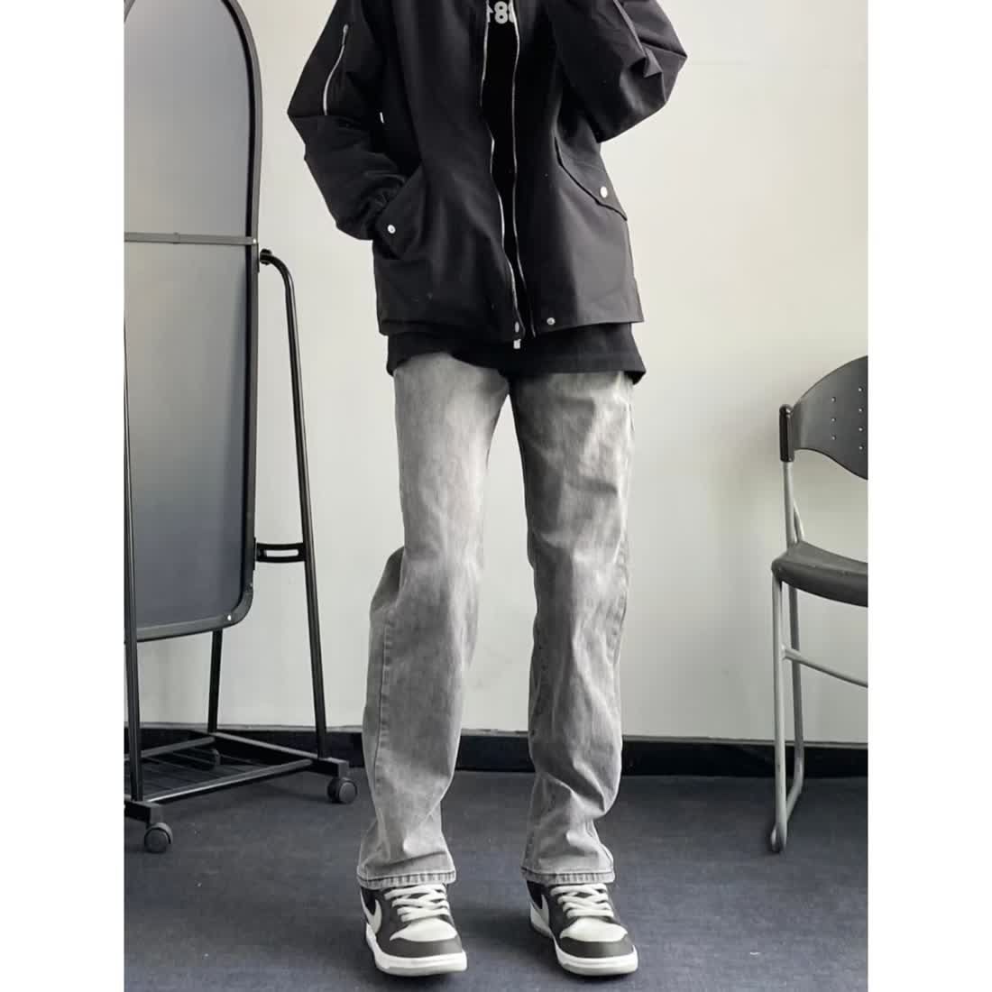 CGG美式高街復古煙灰色牛仔褲男潮牌vibe風寬鬆顯瘦直筒拖地長褲