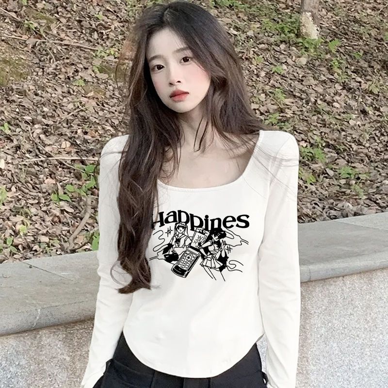 純欲甜辣方領T恤女秋冬裝新款內搭長袖短款打底衫白色氣質上衣女