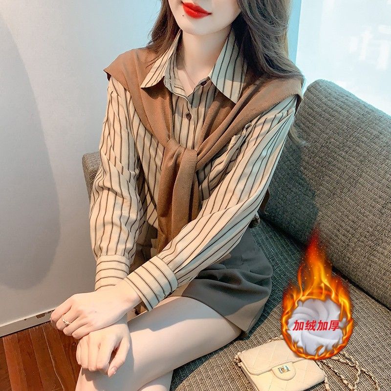 秋冬披肩可拆復古條紋款襯衫女上衣直筒寬鬆2023季新款別致上衣女