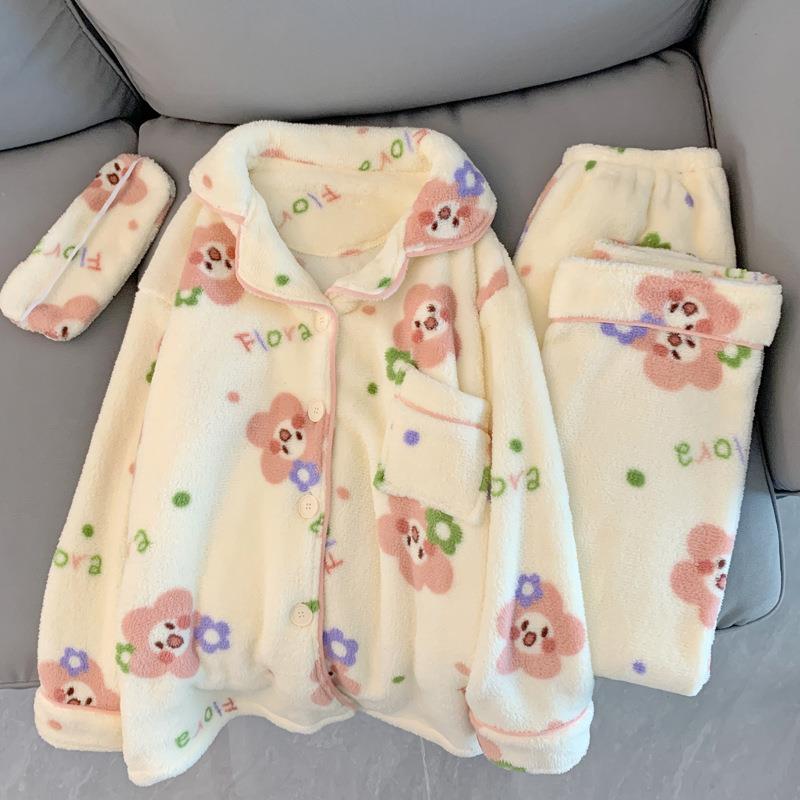 冬季新款珊瑚絨睡衣女長袖長褲法蘭絨粉色花朵家居服套裝
