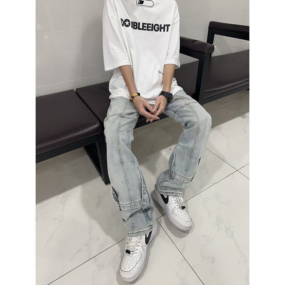 美式新款復古解構排扣微喇叭牛仔褲男女高街ins直筒百搭顯瘦長褲