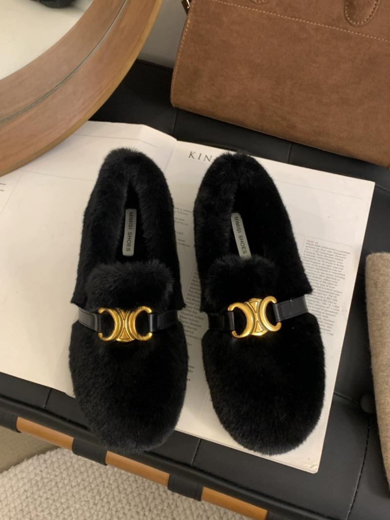 Fairy flat furry shoes for women  new outer wear metal buckle plus velvet soft sole beanie shoes