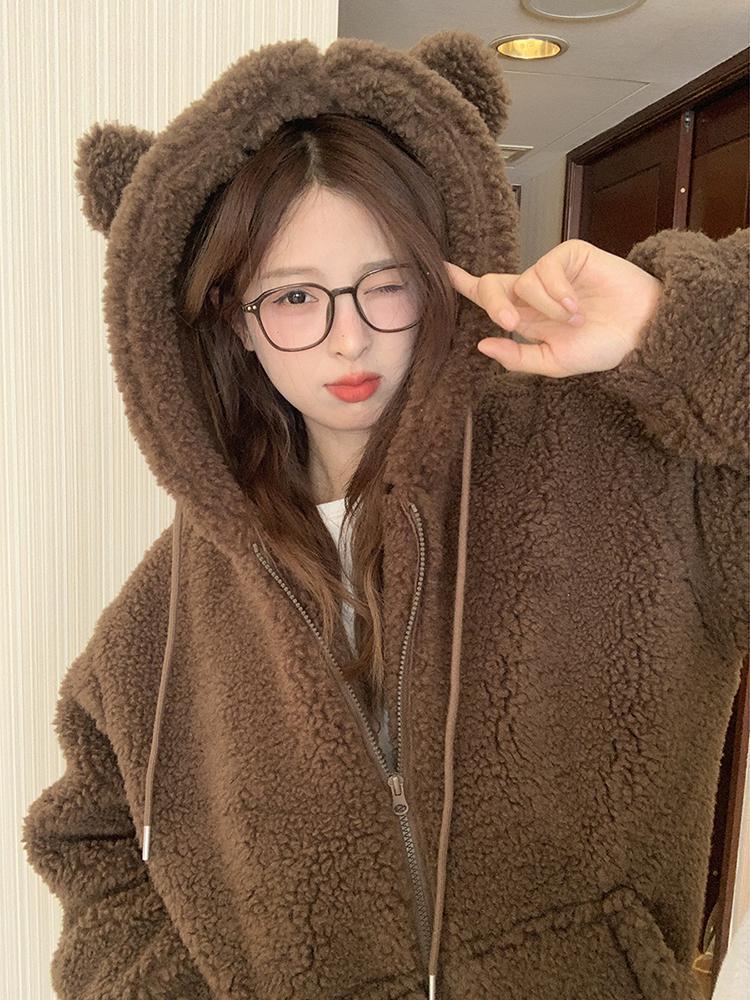  Winter New Bear Hooded Lamb Wool Jacket for Women Japanese Simple Commuting College Style Warm Jacket for Women