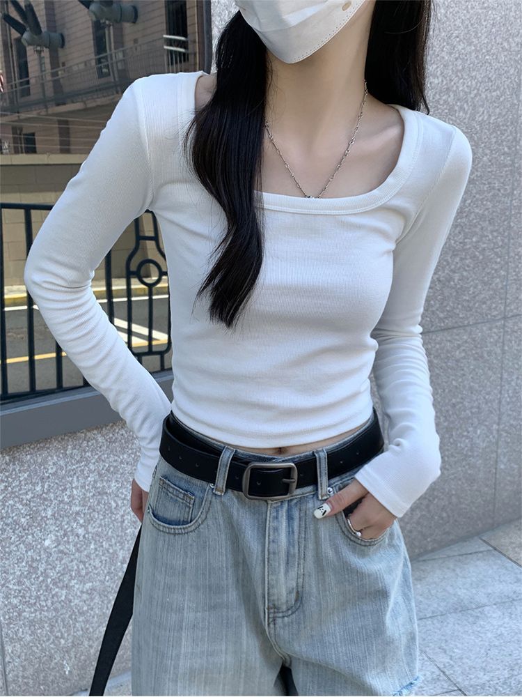 White square neck 2023 t-shirt women's inner short top autumn slim pure lust style hot girl right shoulder long sleeve bottoming shirt