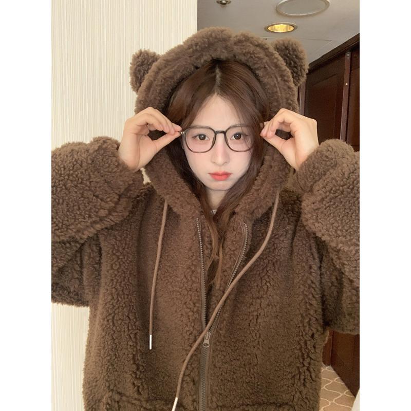  Winter New Bear Hooded Lamb Wool Jacket for Women Japanese Simple Commuting College Style Warm Jacket for Women