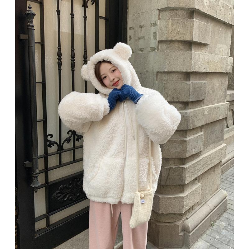  Winter New Bear Hooded Lamb Wool Jacket for Women Japanese Simple Commuting College Style Warm Jacket for Women