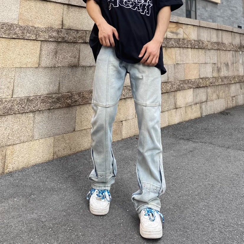 美式高街vibe風拼接牛仔褲男女款寬鬆直筒修身顯瘦休閒微喇長褲子