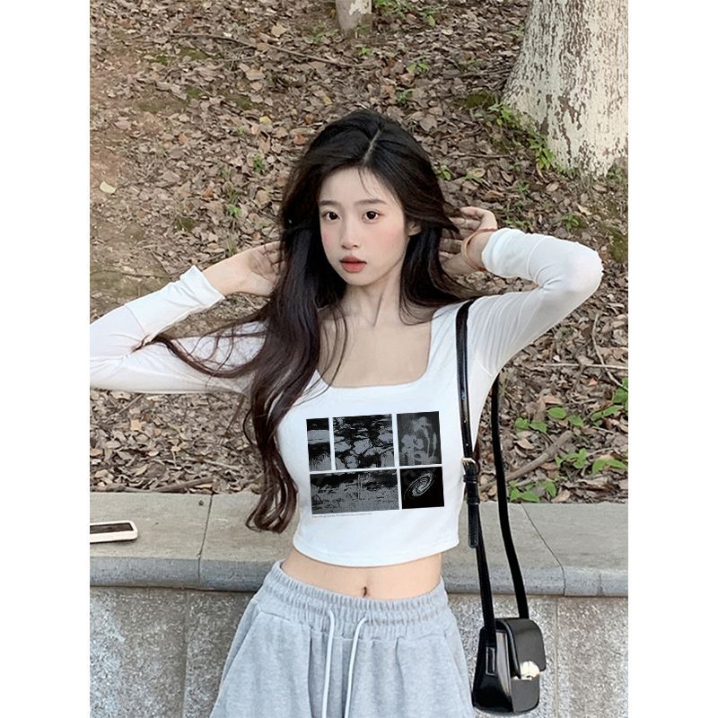 白色打底衫女春秋款內搭洋氣修身長袖t恤性感緊身u領舞蹈短款上衣
