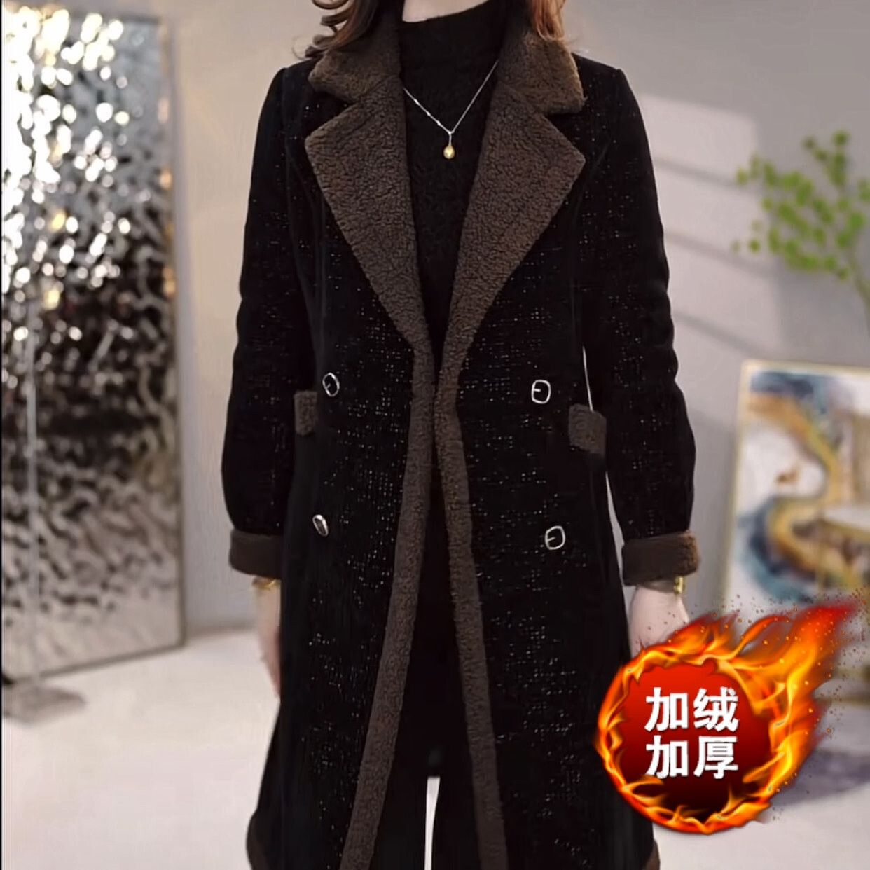 高檔加絨加厚華夫格精紡外套2023新款冬季氣質輕奢顯瘦中長款大衣
