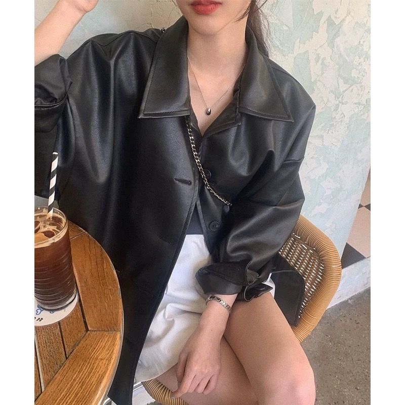  Handsome Lapel Single-breasted Leather Jacket Women's Autumn New Loose and Versatile Imitation Leather Jacket Top