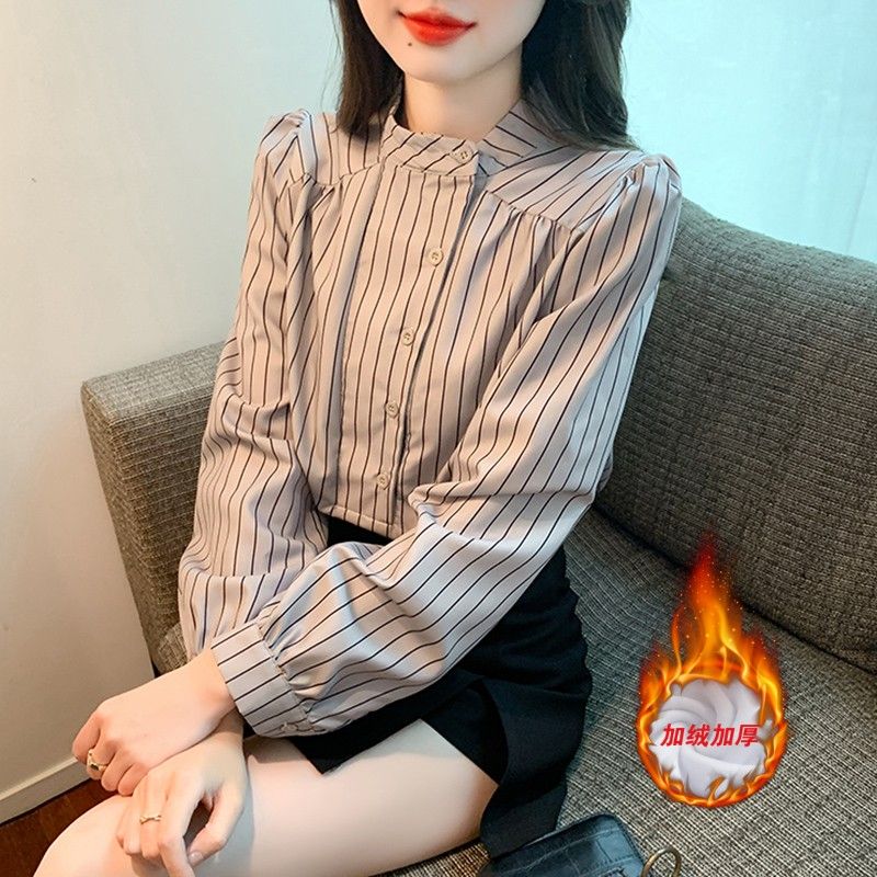 新款時尚氣質顯瘦條紋長袖襯衫女韓系設計感洋氣百搭泡泡袖上衣秋