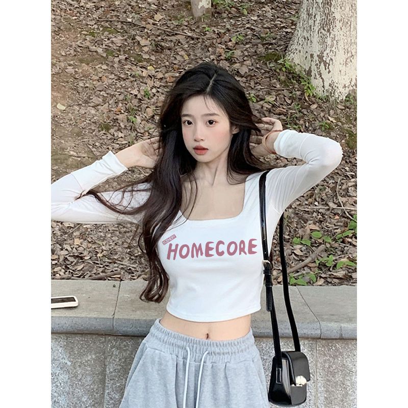 短款露臍u領上衣潮小眾別致高腰打底衫女內搭春秋冬百搭長袖t恤