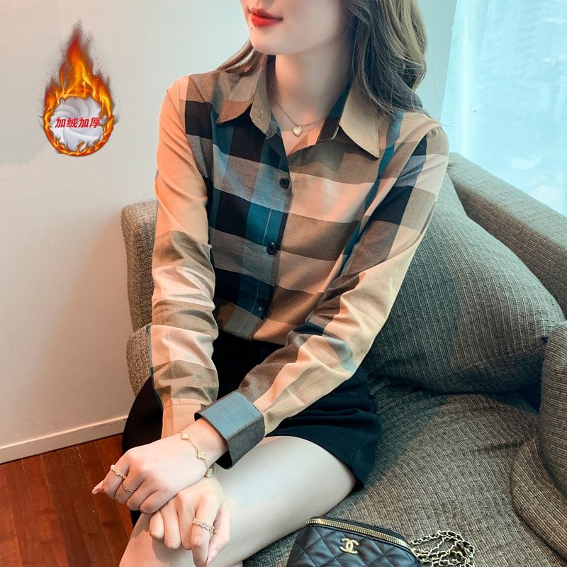 棉質襯衫女長袖上衣2023秋冬季新款復古港風格子翻領襯衣氣質顯瘦