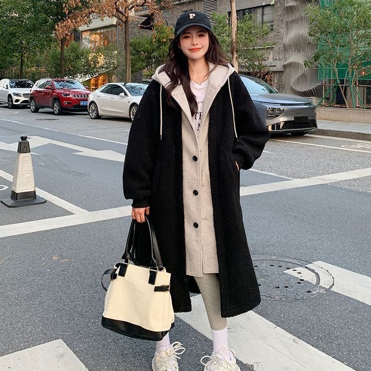  chic autumn and winter new long hooded skirt jacket slimming versatile loose fashion jacket ins trend