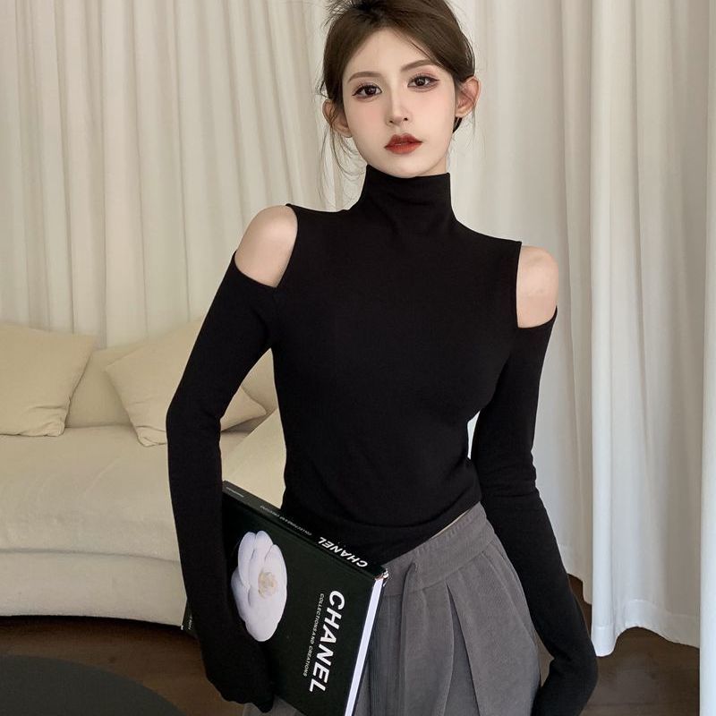 Thickened velvet half turtleneck bottoming shirt for women autumn 2023 new Hong Kong style design off-shoulder inner long-sleeved top