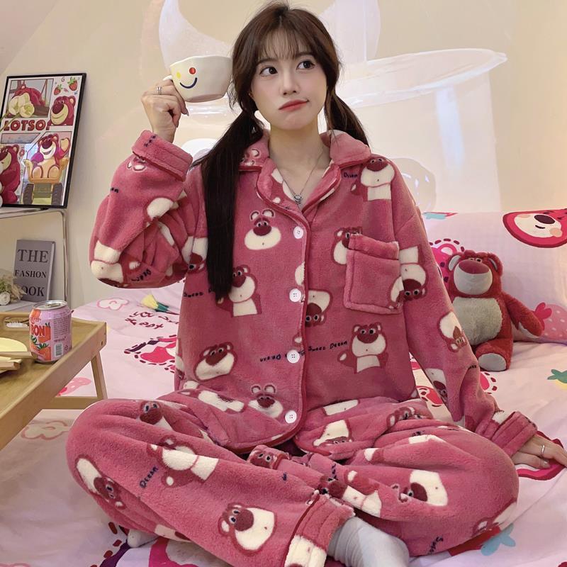 ins風睡衣女秋冬季加厚珊瑚絨套裝冬天法蘭毛絨可愛草莓熊家居服