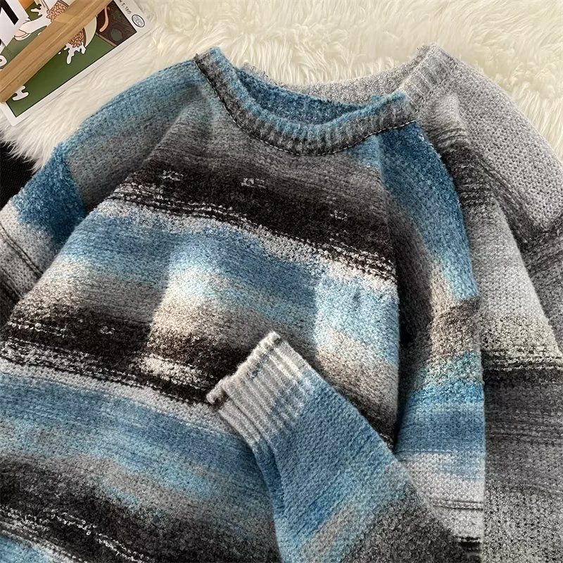 2024 Autumn and Winter Sweater Men's American Retro Gradient Striped Sweater Thickened Lazy Style Loose Couple Sweater