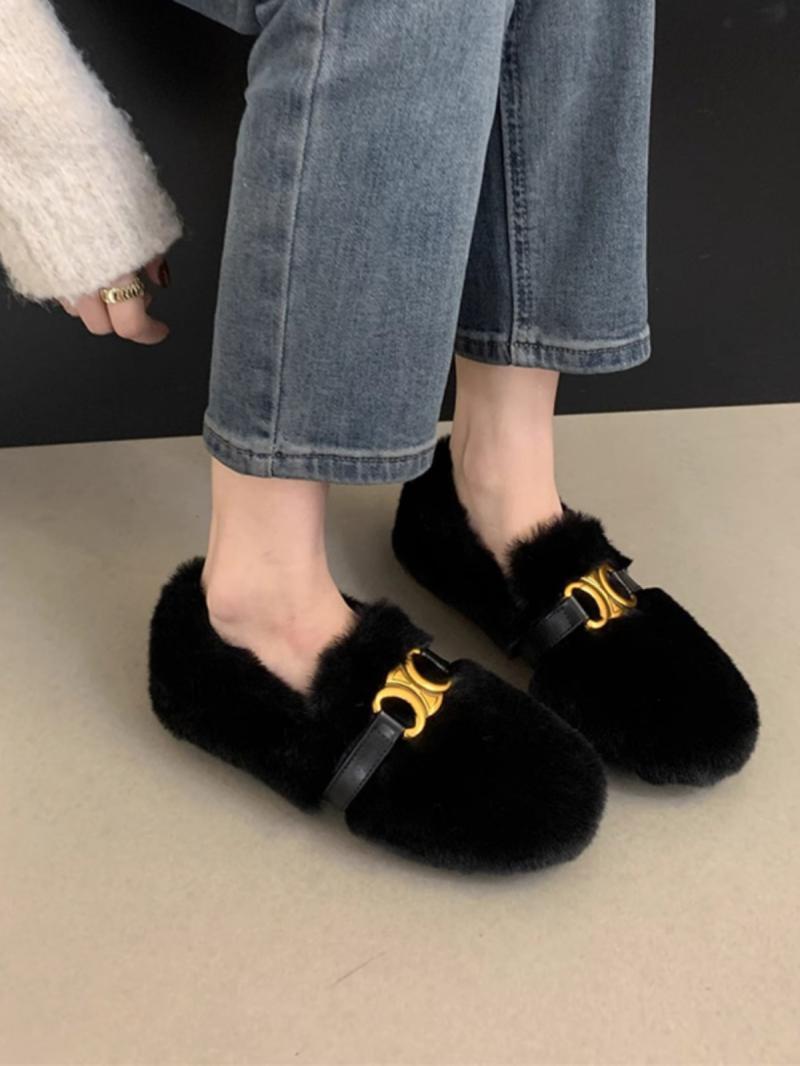 Fairy flat furry shoes for women  new outer wear metal buckle plus velvet soft sole beanie shoes