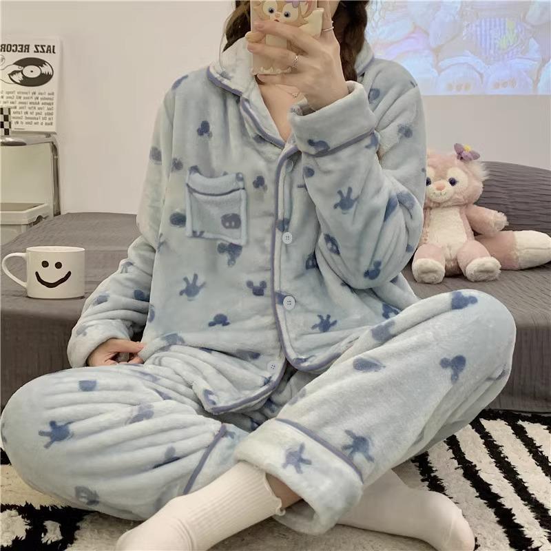 韓版睡衣女秋冬季甜美卡通加厚法蘭絨日系可愛家居服套裝保暖