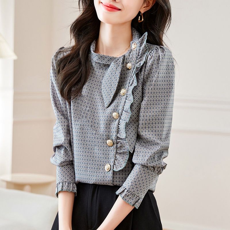 高端格子襯衫女款秋季2023新款設計感氣質顯瘦小眾泡泡袖長袖上衣