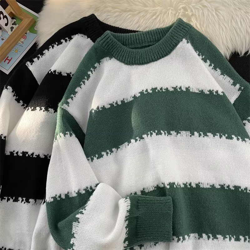2024 autumn and winter new sweater men's trendy brand striped design loose oversize sweater top control
