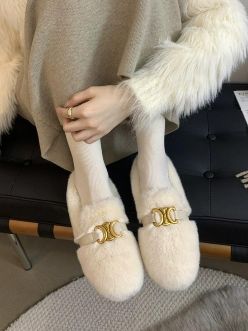 Fairy flat furry shoes for women  new outer wear metal buckle plus velvet soft sole beanie shoes