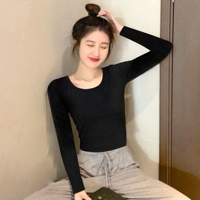 方領白色T恤女春秋新款修身顯瘦短款長袖內搭打底衫上衣辣妹ins