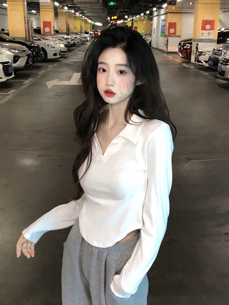 polo領純欲風短款長袖T恤女裝春秋辣妹設計感修身白色打底衫上衣