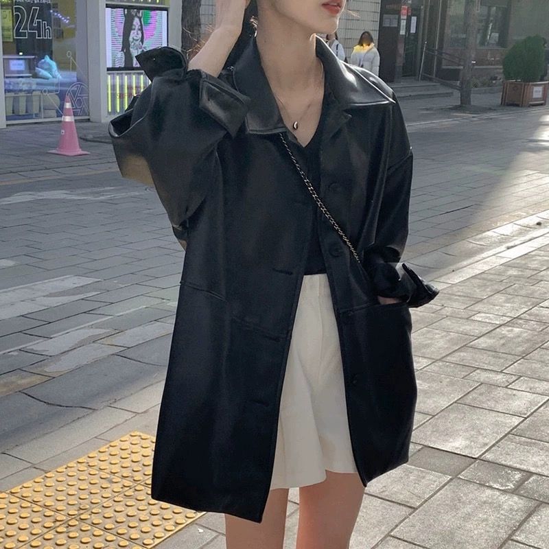  Handsome Lapel Single-breasted Leather Jacket Women's Autumn New Loose and Versatile Imitation Leather Jacket Top