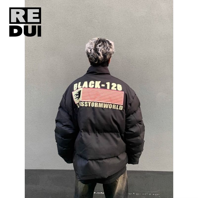 冬季美式復古旗幟印花寬鬆立領黑色麵包服加厚保暖棉衣棉服男棉襖