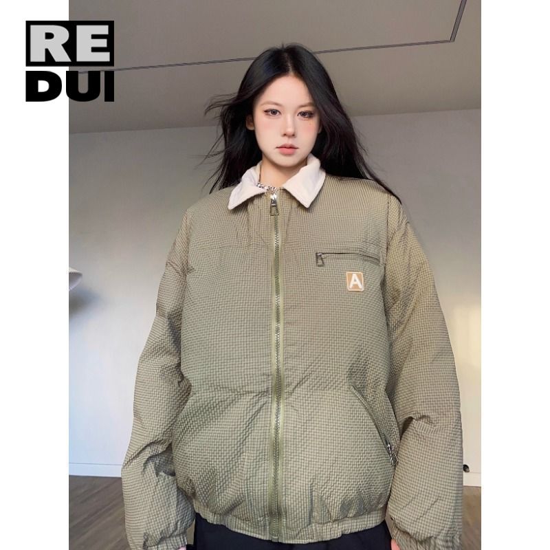 美式復古格紋棉服翻領冬季新款加厚ins小眾保暖棉衣寬鬆高街外套