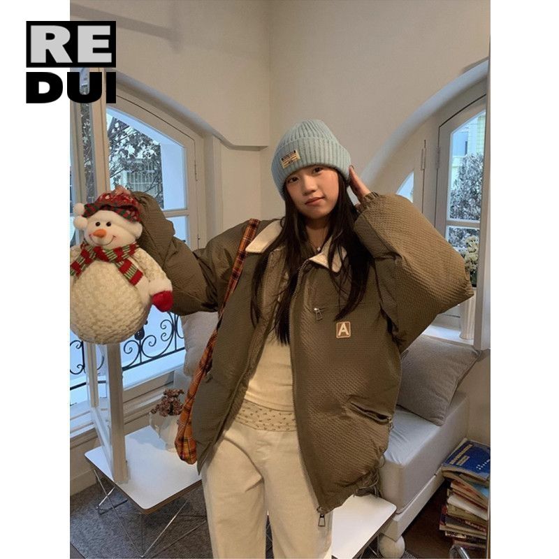 冬季新款美式華夫格棉服外套男女秋冬設計感寬鬆百搭保暖麵包服潮