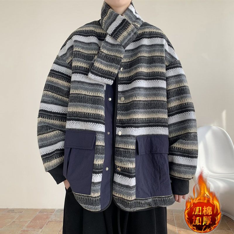 Xiaoxiangfeng striped woolen cotton coat men's winter coat plus fat plus size trendy loose couple outfit handsome cotton coat