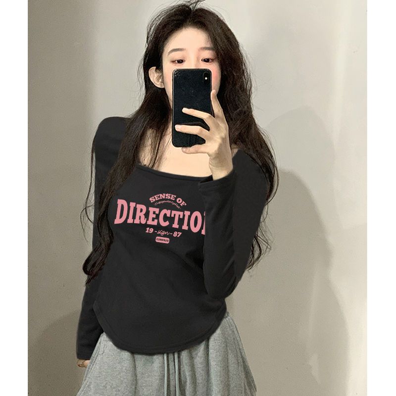 設計感小眾正肩長袖t恤女春秋冬內搭方領打底衫辣妹修身顯瘦上衣
