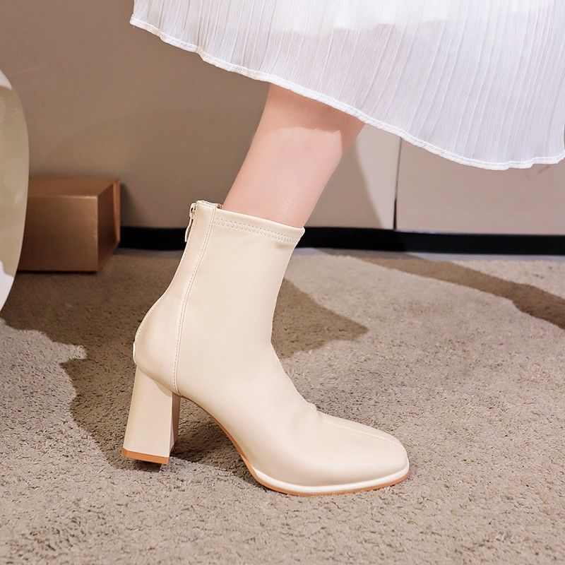 French high-heeled short boots for women 2023 autumn new thick-heeled Martin boots for small people with square toes, white elastic slim boots
