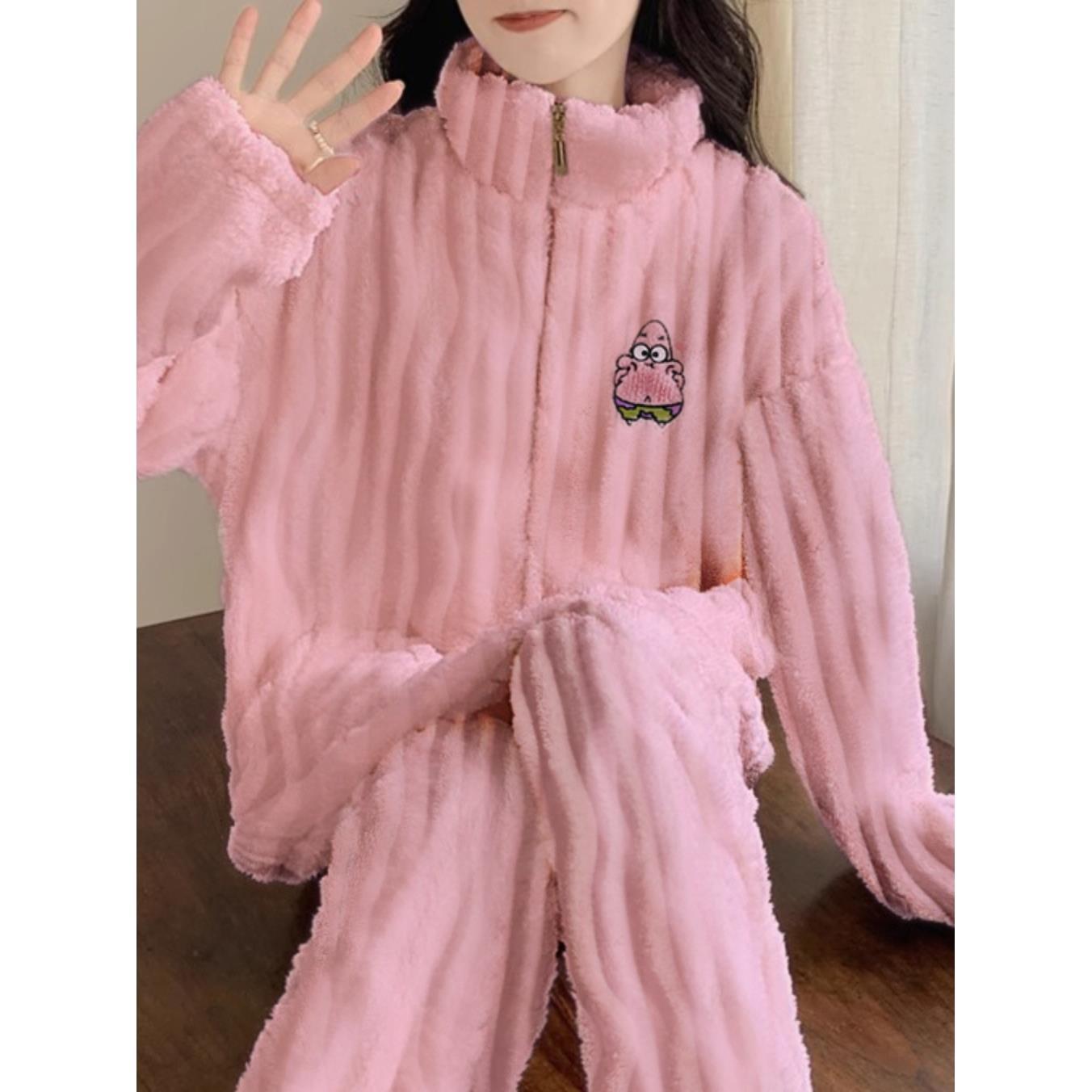 秋冬加厚保暖法蘭絨卡通派大星拉鏈睡衣家居服可愛套裝可外穿